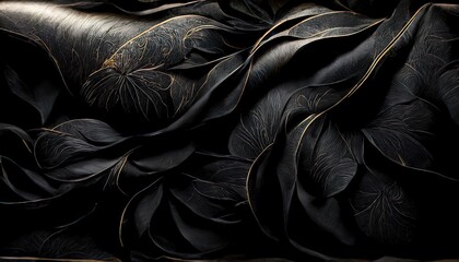 Black and gold, luxury background, floral shapes, black silk texture with golden motifs, 4k abstract luxurious design, 3D render, 3D illustration