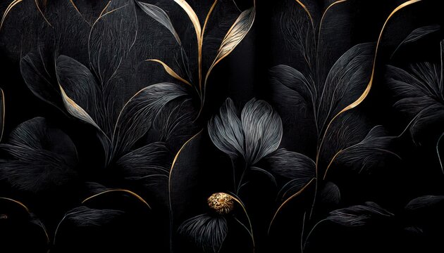 Wall Mural -  - Black and gold, luxury background, floral shapes, black silk texture with golden motifs, 4k abstract luxurious design, 3D render, 3D illustration