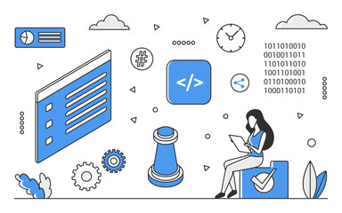 Programming code solution. Software development, coding securized source monocolor vector illustration