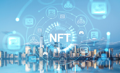 new york cityscape and nft icons, cryptocurrency and digital hologram with icons
