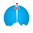 © madedee - App launch. Startup vector concept, flat cartoon rocket or rocketship launch, mobile phone or smartphone, idea of successful business project start up, boost technology, innovation.