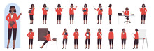 African American Black Female Teacher Poses In Front, Side And Back View, Gestures Set Vector Illustration. Cartoon Woman In Suit Sitting And Standing, Confident Professional Speaker Teaching
