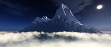 Snowy Peak Against The Background Of The Sky In The Clouds Mountain In The Clouds, 3d Rendering