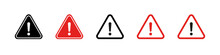 Set Of Hazard Warning Signs, Black, And Red Triangle Warning Safety And Caution Signs. Information Security Hazard Vector Symbol, Warning Attention Icon.