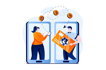 Wall Mural - e-payment process concept with people scene in flat cartoon design. woman transfers money to man cre