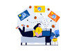 E-payment process concept with people scene in flat cartoon design. Woman manages her credit cards and enforces financial transactions using laptop at home. Illustration visual story for web