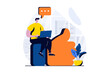 Feedback page concept with people scene in flat cartoon design. Man leaves like and comment with his experience and recommendations. Customer satisfaction. Illustration visual story for web