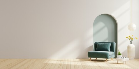 Scandinavian living room with green armchair on empty white wall background.