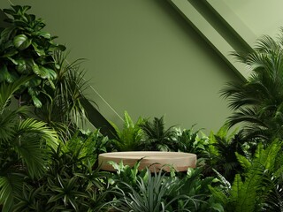 Wall Mural - Wood pedestal in tropical forest for product presentation and green wall.
