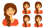 Fototapeta Dinusie - Attractive young woman with different facial expressions. Set of emotions. Smile, happiness, sadness. Flat style on a white background. Cartoon