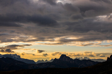 sunset in dolomites mountains, alps, northern italy
