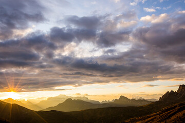 sunset in dolomites mountains, alps, northern italy