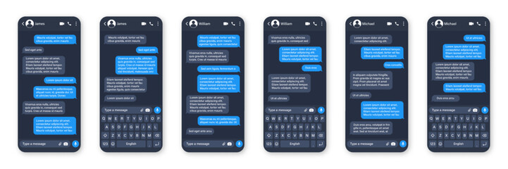 Messaging app design, user interface. SMS text frame. Conversation chat screen with blue message bubbles and placeholder text. Social media application. Vector illustration.