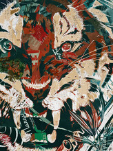 Digital Art The Face Of A Tiger With Paper Collage Texture Application.