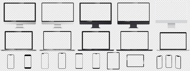 Realistic mock up set computer, laptop, tablet and phone. Device screen mockup collection. Mock up computer, laptop, tablet, phone. Vector illustration EPS 10