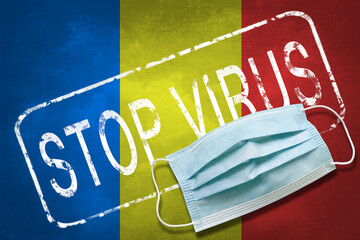 Wall Mural - Lettering stamp Stop Virus and medical mask on Romania flag. Return of the coronavirus. New jump in incidence. Strain Omicron and Dedta. Medical concept.