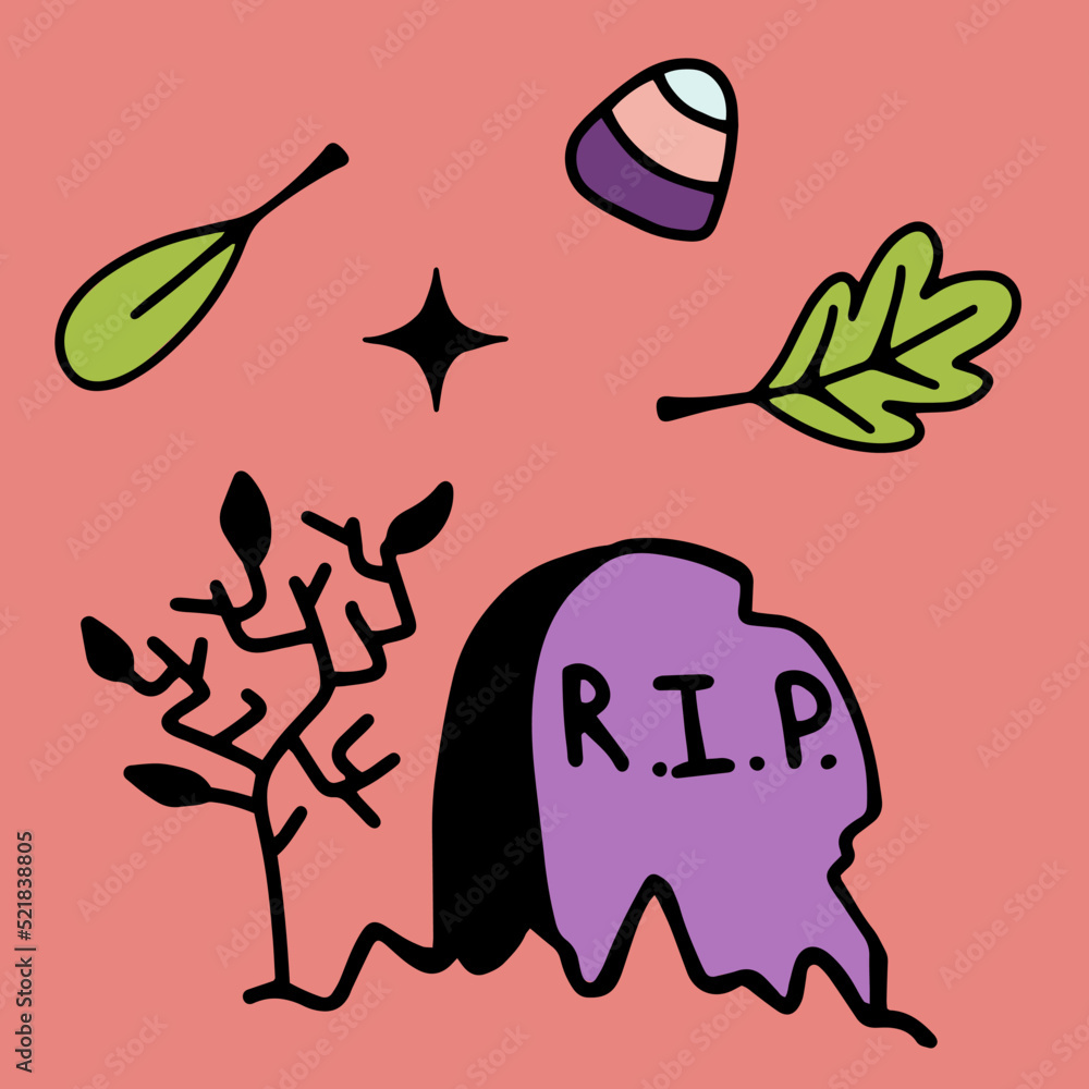 headstone, leaves, sweets, rip, halloween doodle clipart vector Stock ...