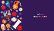 Rosh hashanah , Shana Tova - jewish new year holiday banner template design. Pomegranate, honey, wine, menorah, candle, star David, apple, shofar, flower Vector flat icon illustration
