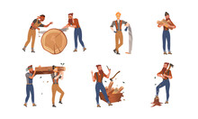 Bearded Woodman Or Lumberman In Checkered Shirt And Sling Pants With Felling Ax Chopping And Sawing Wood Vector Set