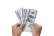 © littlestocker - Man hand holding 100 US dollar banknote isolated on white background. Business and financial concept.