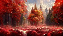 Amazing Bright Red Autumn Landscape, Idyllic And Peaceful Beautiful Nature Scenery. Digital Art.