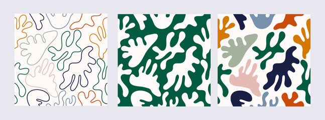 Matisse style seamless pattern set, geometric and organic cutout shapes. Abstract exotic vector backgrounds, corals, plants. Modern botanical elements, print, minimalist summer doodles.