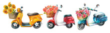 Watercolor Set Of Mopeds. Three Colorful Scooters With Baskets Of Flowers