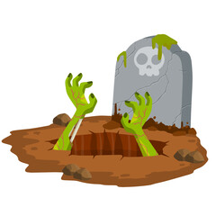 Wall Mural - Grave. Hole in brown ground. Green hands of dead zombie.