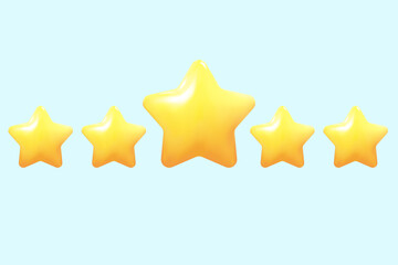 Wall Mural - five yellow stars glossy colors. Achievements for games. Customer rating feedback concept from client about employee of website. Realistic 3d design. For mobile applications. Vector illustration