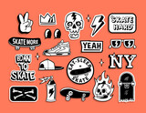 Skateboard badges, stickers. Vector illustrations of peace hand sign, skull, hat, shoes, sunglasses, lightning and skateboards.