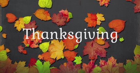 Wall Mural - Animated dry autumn leaves background with shadow on dark background, happy thanksgiving day background concept