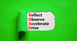 Leinwandbild Motiv ROAD reflect observe accelerate drive symbol. Concept words ROAD reflect observe accelerate drive on white paper, green background. Business ROAD reflect observe accelerate drive concept. Copy space.