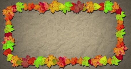 Wall Mural - Animated background. Animated frame of autumn leaves copy space on organic paper background. Thanksgiving concept, family, discount and sale for this holiday