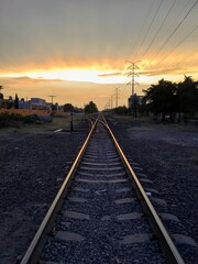 Poster - Vertical shot of Railroad tracks in the setting sun