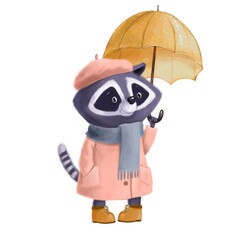 cute raccoon in warm coat with umbrella, watercolor illustration, autumn clipart with cartoon character