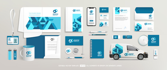 Wall Mural - Brand Identity Mock-Up of stationery set with blue abstract geometric design. Business office stationary mockup template of File folder, annual report, van car, brochure, corporate mug