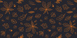 Autumn leaves dark seamless pattern. Oak, birch, chestnut, linden, rowan, rosehip, elm vector fall leaves  on blue background for infographic, wallpaper, package, textile design.