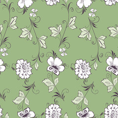 Seamless pattern of outlines decorative flowers with butterflies