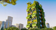 3D render of urban building with plants and trees.