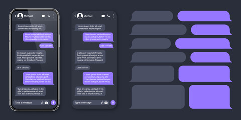 Realistic smartphone with messaging app. SMS text frame. Conversation chat screen with violet message bubbles and placeholder text. Social media application. Vector illustration.