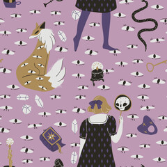 Wall Mural - Magic Halloween seamless pattern with carnival party characters