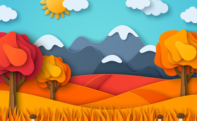 Mountain autumn landscape vector illustration. Cartoon scenery poster, orange valley in hills, road, golden leaves trees. Outdoor modern concept, village countryside scene