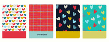 Cover Page Templates Based On Patterns With Multicolored Heart Shapes, Red Plaid, Marker Ink Pen Spots. Background For Exercise Books, Notebooks, Diaries