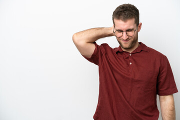 Wall Mural - Young caucasian man isolated on white background with neckache