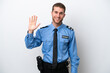 © luismolinero - Young police caucasian man isolated on white background saluting with hand with happy expression