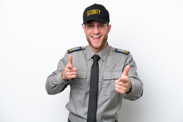 Wall Mural - Young safeguard caucasian man isolated on white background pointing to the front and smiling