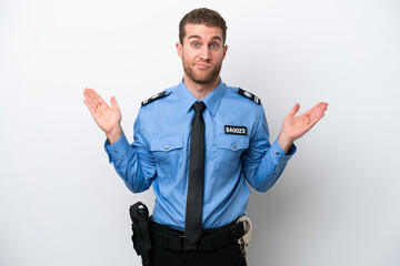 Wall Mural - Young police caucasian man isolated on white background having doubts while raising hands