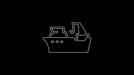 Poster - White line Fishing boat icon isolated on black background. Fishing trawler. 4K Video motion graphic animation