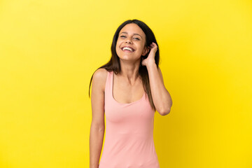 Wall Mural - Young caucasian woman isolated on yellow background laughing