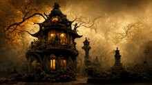 Halloween Theme With Spooky House,  Trees And A Grave Headstone, 3D Illustration 16:9